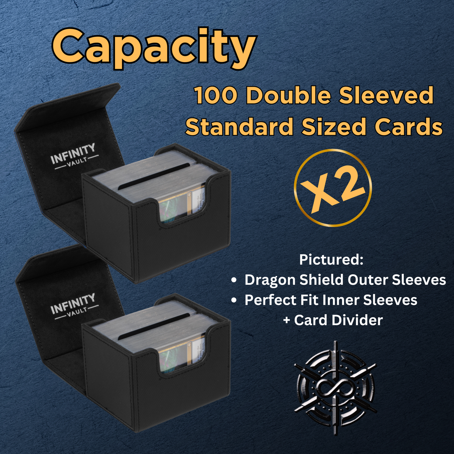 Two Durable 100 Card Deck Boxes with Dice Bag - MTG Deck Box Commander Friendly - Protect 200+ Double Sleeved Cards - Designed for MTG Commander Deck Box with Sideloading Card Trays (Black Interior)